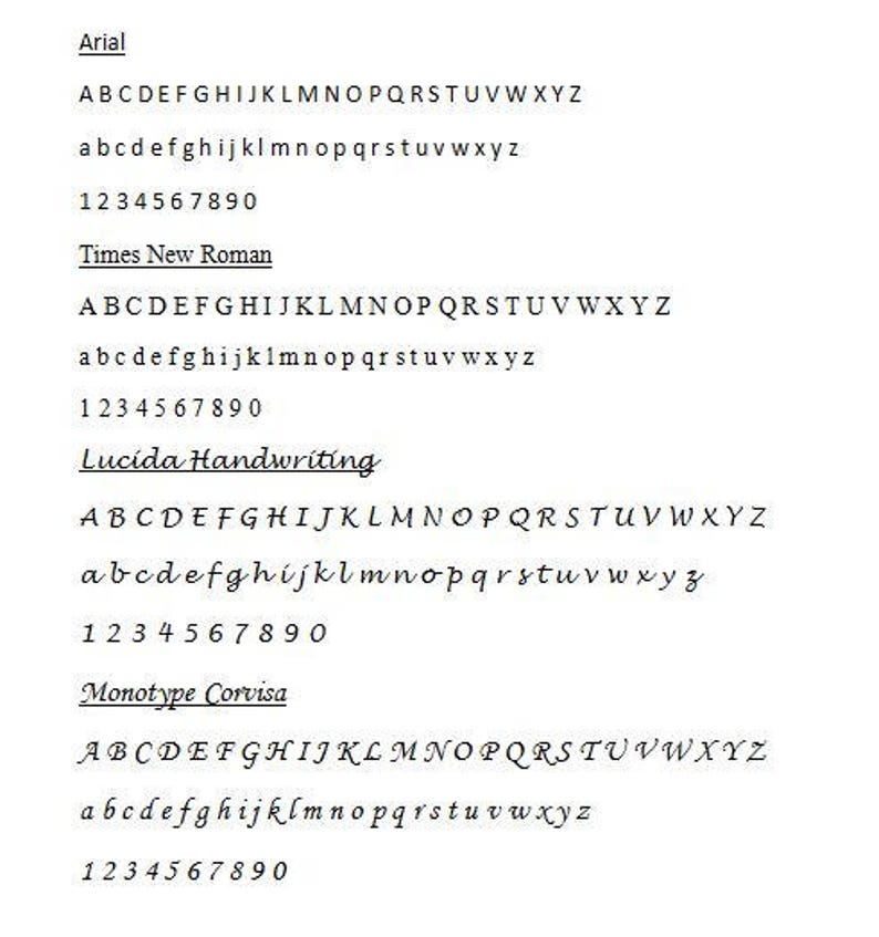 以下が含まれることがあります： Arial、Times New Roman、Lucida Handwriting、Monotype Corsivaの4つの異なるフォントの比較。各フォントは大文字と小文字、数字で表示されています。