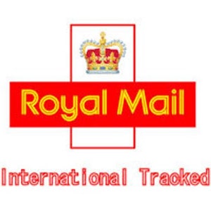 May include: Royal Mail logo with a red background and a gold crown. The text "International Tracked" is below the logo.