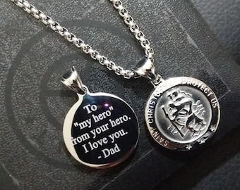 Mens Personalised Large St Christopher Necklace  Engraved Silver Stainless Steel Pendant Necklace, Travel Protection  Gift