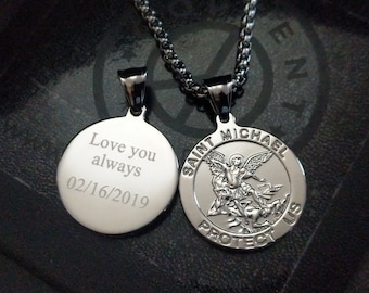 Mens Personalised St Michael Necklace, Engraved Stainless Steel Pendant, Personalised Engraving, Law Protection Necklace Travel Gift