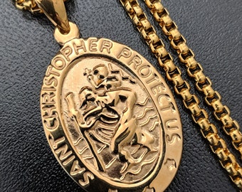 Collar con colgante de San Cristóbal para hombre, extragrande, personalizado, de acero inoxidable chapado en oro, con grabado de protección, regalo de bautismo.