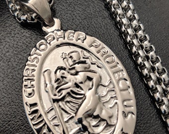 Mens Personalised Large St Christopher Necklace Silver Stainless  Steel Medal, Any Engraving, Protection Necklace,