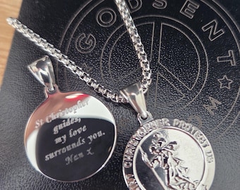 Men's Personalised Saint Christopher Necklace, Engraved Stainless Steel Travel Protection Pendant Necklace, Valentines Gift