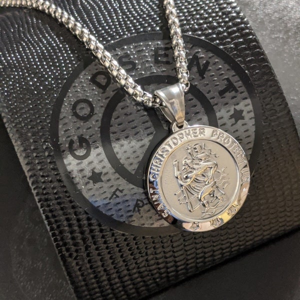 Personalised St Christopher Necklace, Engraved Silver Stainless Steel Pendant, Personalised Travel Protection Gift + Gift Box