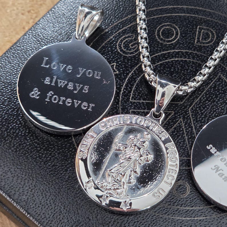 Men's Personalised Saint Christopher Necklace, Engraved Stainless Steel Travel Protection Pendant Necklace, Valentines Gift 画像 2