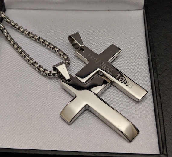 Stainless steel cross necklace men's engraved deals
