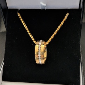 Mens Personalised Necklace, Gold Filled Stainless Steel Necklace, Engraved Greek Key, Cubic Zircona Ring Pendant, Lovers Anniversary Gift