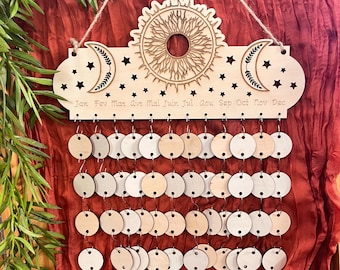 Wooden birthday calendar: Sun and moon