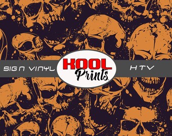 May include: Orange and black skull pattern on a dark background. The pattern is repeated and includes the text "KOOL Prints".