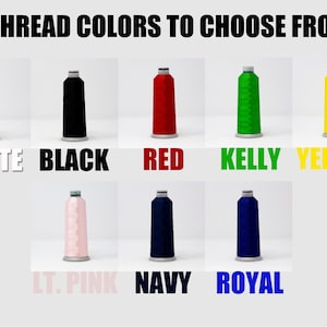 May include: A selection of thread spools in various colours, including white, black, red, kelly green, yellow, light pink, navy blue, and royal blue. The spools are arranged in two rows of four.