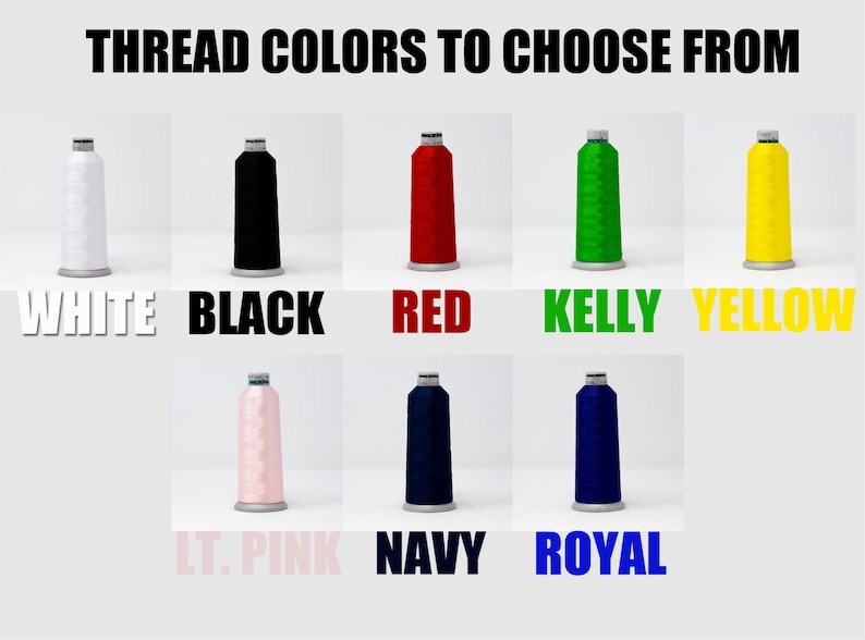May include: A selection of thread spools in various colours, including white, black, red, kelly green, yellow, light pink, navy blue, and royal blue. The spools are arranged in two rows of four.