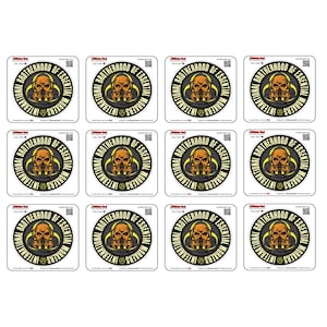 May include: A collection of square stickers featuring a circular design with a skull wearing a respirator mask. The text reads "BROTHERHOOD OF ESSENTIAL WORKERS INTERNATIONAL". The stickers are white with black, yellow, and orange graphics.