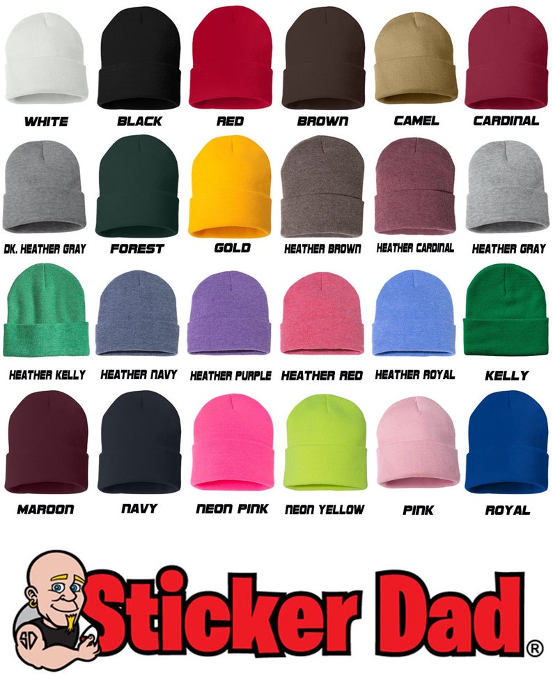 May include: A chart of 20 different coloured knit beanies with the colour name printed below each beanie. The text "Sticker Dad" is printed in red and black at the bottom of the chart.