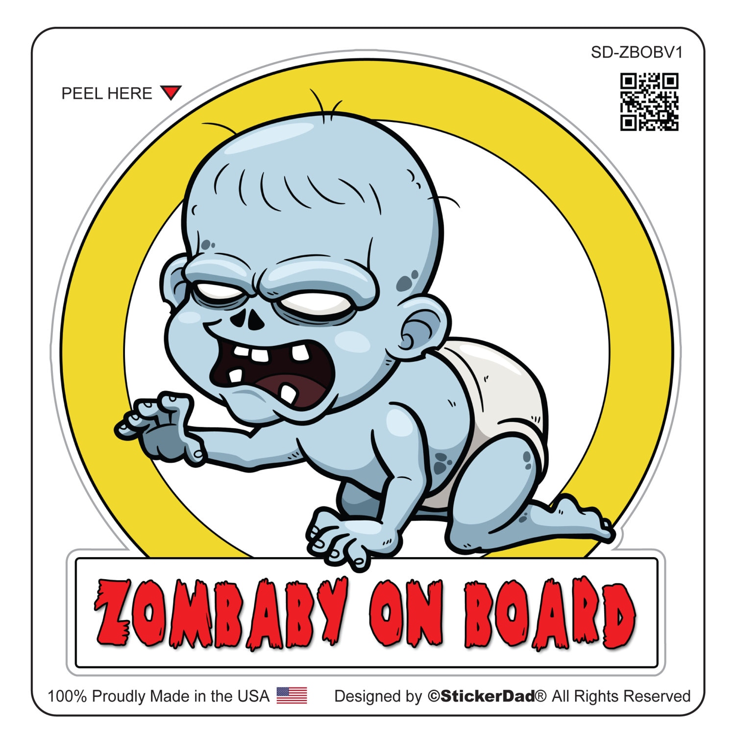 Zombaby On Board V1 - size: 4" - Full Color Printed Vinyl Decal Hard Hat Helmet Window Sticker