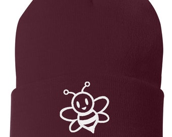 Bumble Bee Cute Embroidered Cuffed Beanie Hat, Embroidered Gift, Winter Hat Unisex, Cuffed Beanie, Gift, Beanie