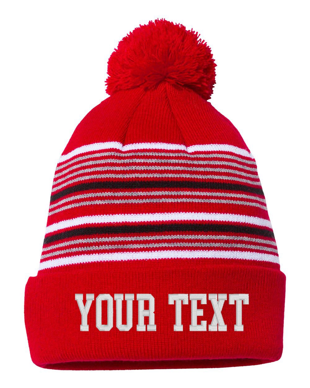 Embroidered Custom Striped Cuffed POM Beanie, Embroidery Cap, Personalized, Text Knit Hat, 12&quot; Beanie, Winter, Cuffed Beanie, Hat Beanie