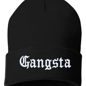 GANGSTA Cuffed Embroidered Beanie Hat, Embroidered Gift, Dad, Man, Winter Hat Unisex, Cuffed Beanie, Gift, Beanie