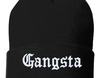 GANGSTA Cuffed Embroidered Beanie Hat, Embroidered Gift, Dad, Man, Winter Hat Unisex, Cuffed Beanie, Gift, Beanie