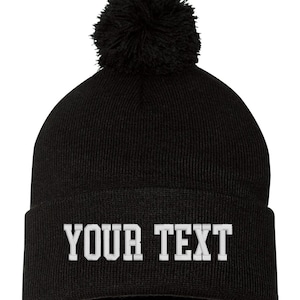 Embroidered Custom Cuffed POM Beanie, Embroidery Cap, Personalized Hat, Text Knit Hat, 12&quot; Beanie, Winter, Cuffed Beanie, Hat Beanie