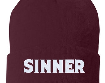 SINNER Embroidered Cuffed Beanie Hat, Embroidered Gift, Winter Hat