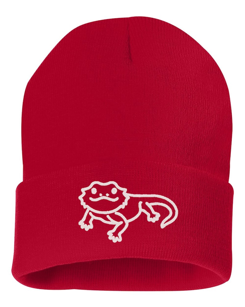 May include: Red knit beanie with a white embroidered bearded dragon design.