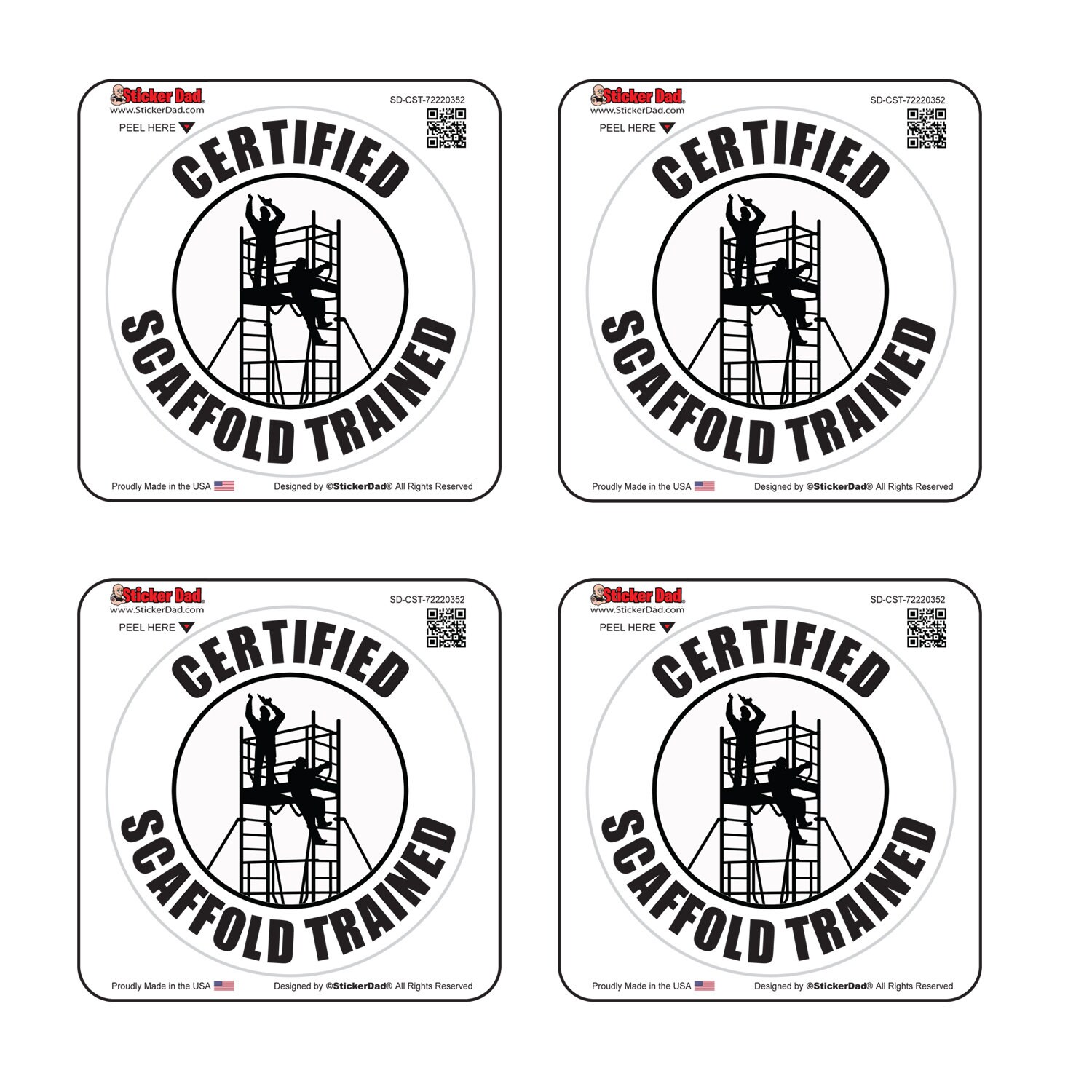 4 pack - Certified Scaffold Trained (SD-352) - single 2" round W/B Full Color Printed Vinyl Decal Hard Hat Helmet Window Sticker