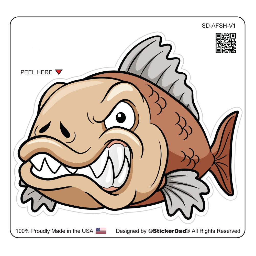 ANGRY FISH V1 - size: 5"" - Full Color Printed Vinyl Decal Hard Hat Helmet Window Sticker