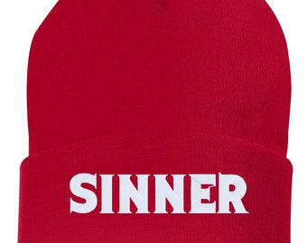 SINNER Embroidered Cuffed Beanie Hat, Embroidered Gift, Winter Hat