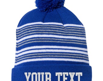 Custom Embroidered Striped Pom Beanie, Personalized Knit Hat