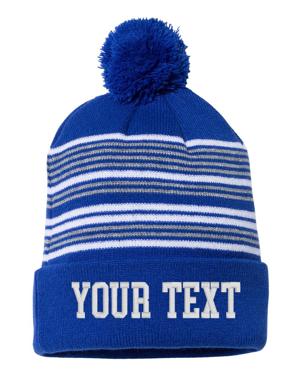 Embroidered Custom Striped Cuffed POM Beanie, Embroidery Cap, Personalized, Text Knit Hat, 12&quot; Beanie, Winter, Cuffed Beanie, Hat Beanie
