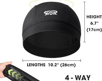 May include: A black skull cap with a white logo on the front. Text indicates one size fits most with a head circumference of 20.5 to 23.6 inches, a height of 6.7 inches, and a length of 10.2 inches. The fabric features 4-way high stretch properties.
