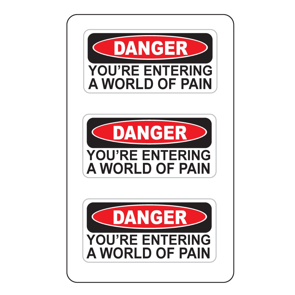 Danger You're Entering A World of Pain (3Pack) 2" x 1"  White/Red/Black Full Color Printed Vinyl Decal Hard Hat Helmet Window Sticker