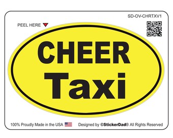 CHEER TAXI Oval - size: 4" - Full Color Printed Vinyl Decal Hard Hat Helmet Window Sticker