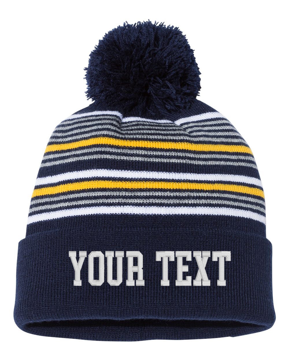 Embroidered Custom Striped Cuffed POM Beanie, Embroidery Cap, Personalized, Text Knit Hat, 12&quot; Beanie, Winter, Cuffed Beanie, Hat Beanie