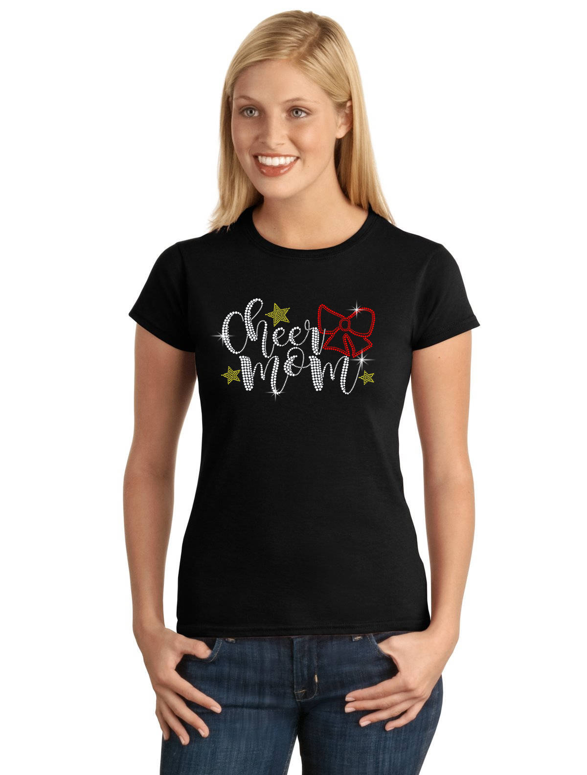 StickerDad® CHEER MOM Bow V1 Spangle Bling T-shirt 100% Cotton Tee - High Quality - Made in the USA
