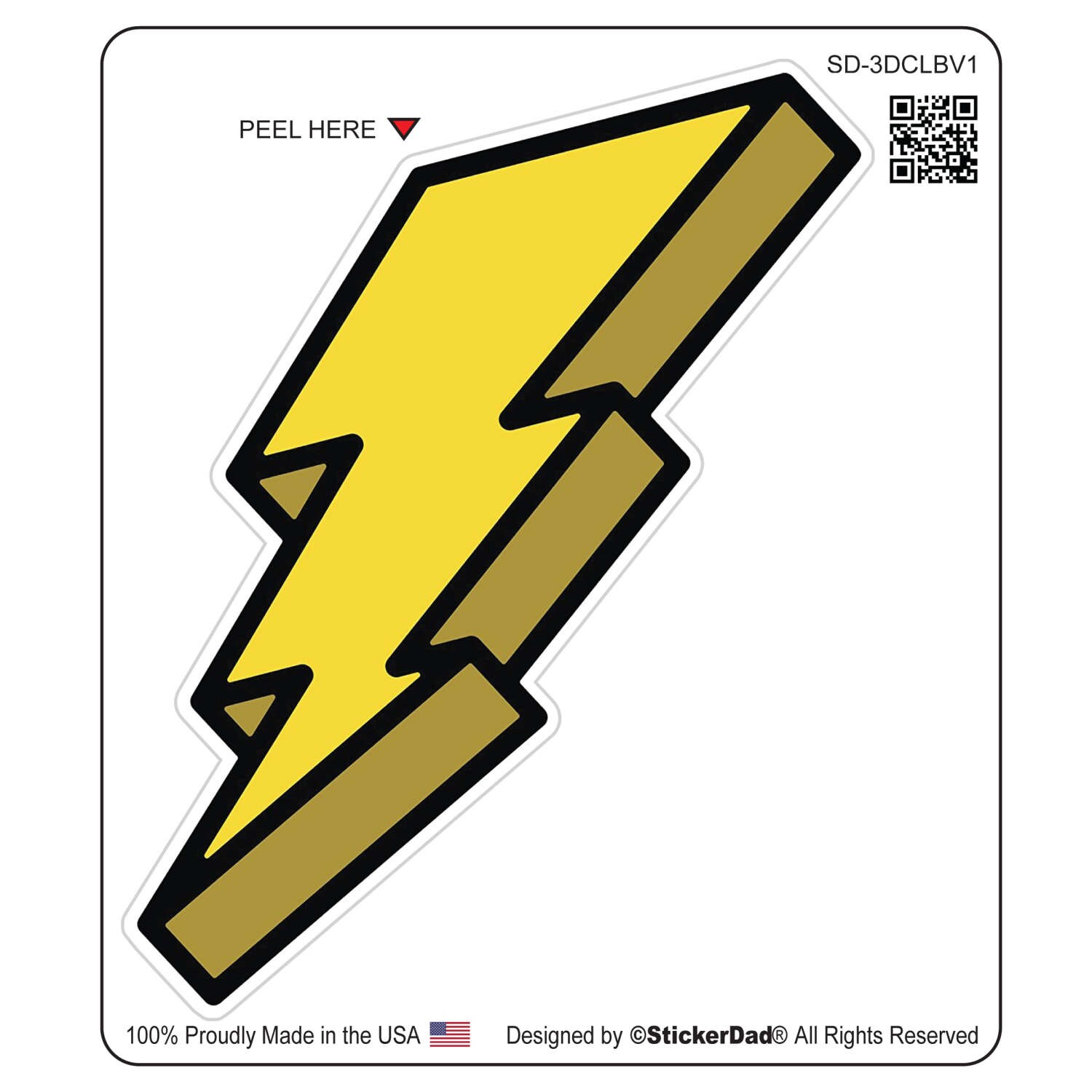 3-D CARTOON LIGHTNING BOLT V1 - color- Yellow/size: 4" - Full Color Printed Vinyl Decal Hard Hat Helmet Window Sticker