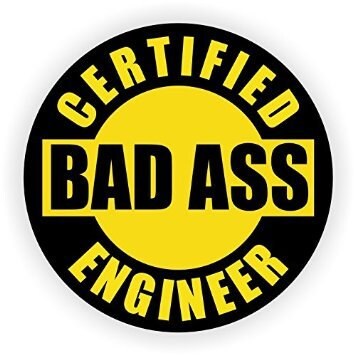Certifed Badass Engineer (4 Pack) 2" round" Black/Yellow Full Color Printed Vinyl Decal Hard Hat Helmet Window Sticker