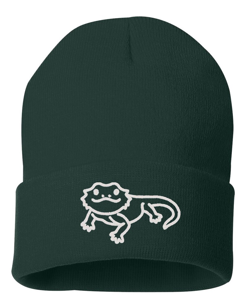 May include: A dark green beanie with a white embroidered bearded dragon design.