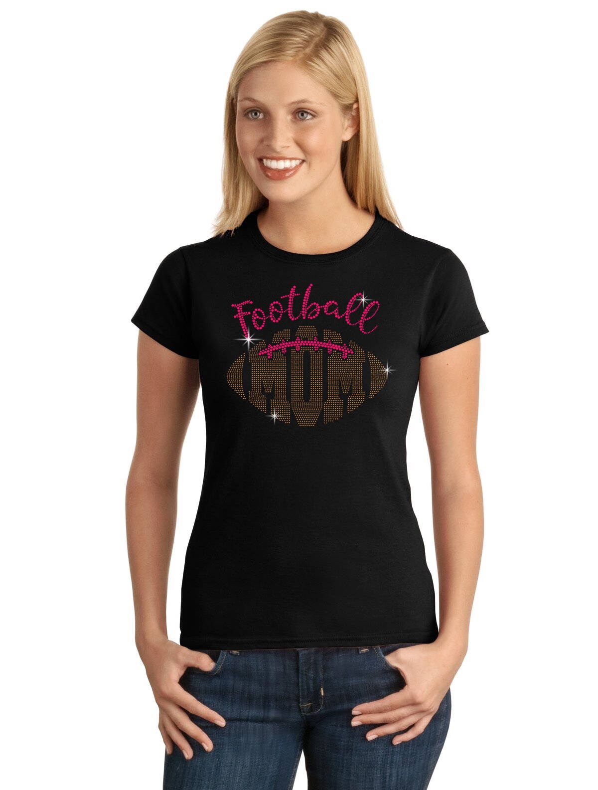 StickerDad® FOOTBALL MOM V2 Spangle Bling T-shirt 100% Cotton Tee - High Quality - Made in the USA
