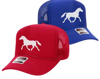 May include: Two trucker hats, one red and one blue, each featuring a white silhouette of a running horse. The hats have a mesh back and a curved brim. The hats are a classic style.