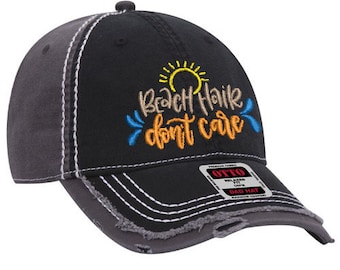 Beach Hair Don't Care - OTTO Sombrero no estructurado envejecido negro/gris, sombrero de papá, regalo bordado, gorra de sombrero personalizada