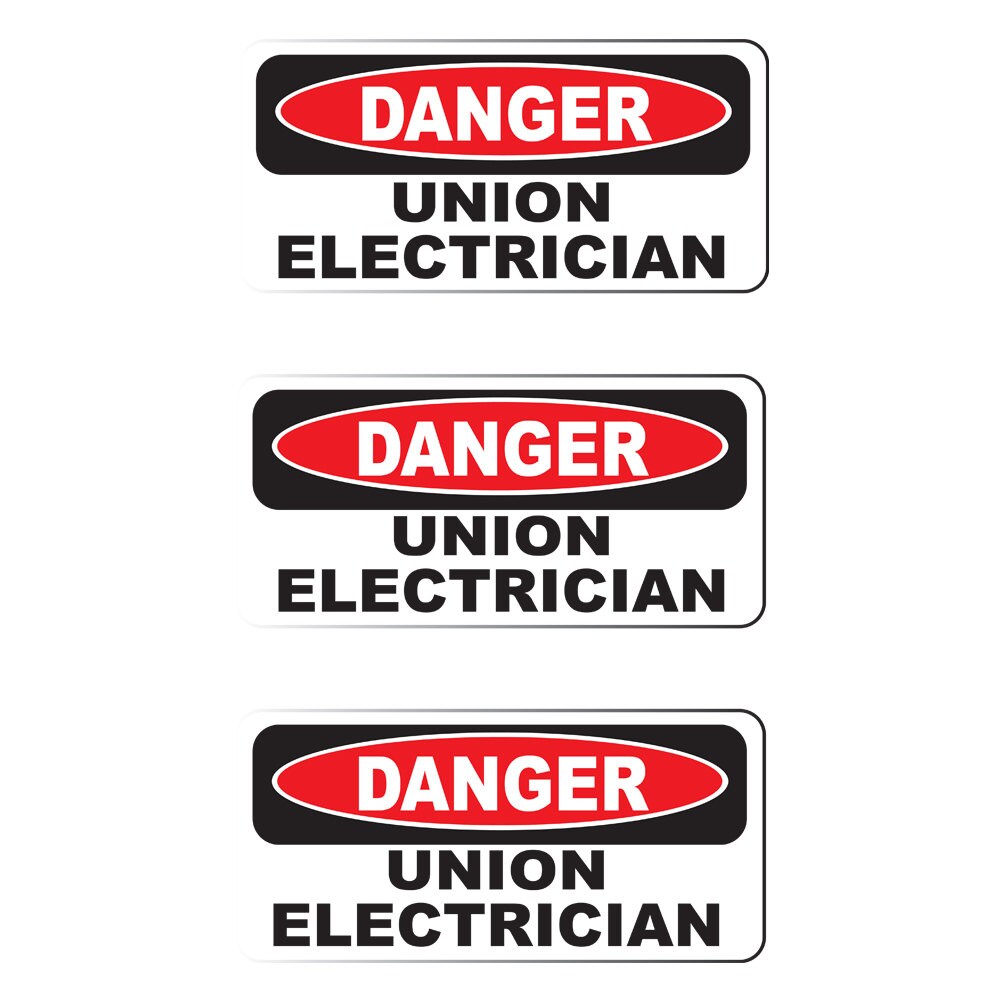 Danger Union Electrician (3Pack) 2" x 1" White/Black/Red Full Color Printed Vinyl Decal Hard Hat Helmet Window Sticker