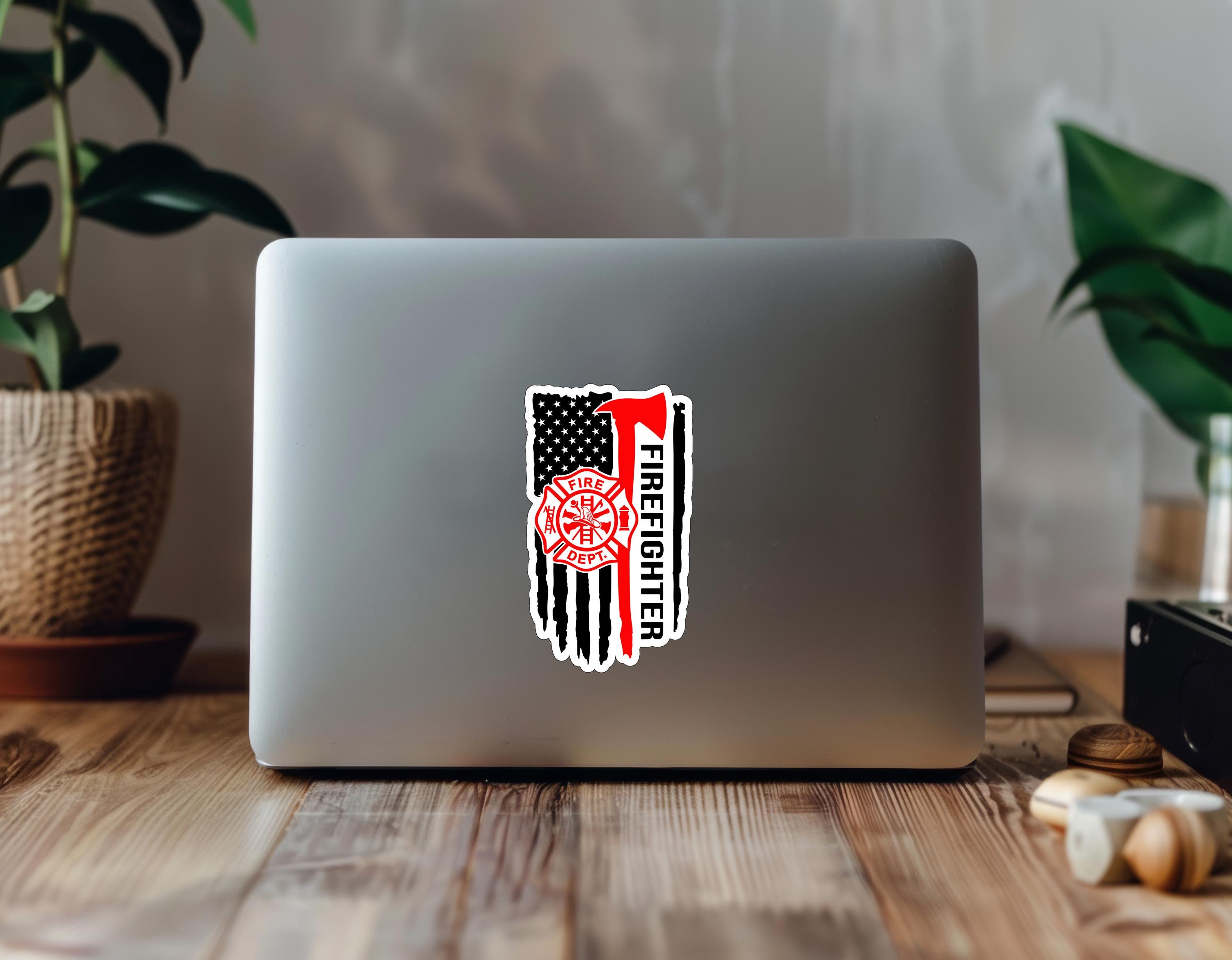 American Distressed Flag  Firefirefighter Axe Emblem 1101 - size: 5" - Full Color Printed Vinyl Decal Window Sticker - Thumbnail 3