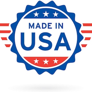 May include: A circular emblem with a blue border and the text "MADE IN USA" in bold blue letters. The emblem features red and white stripes and stars, symbolizing the American flag.