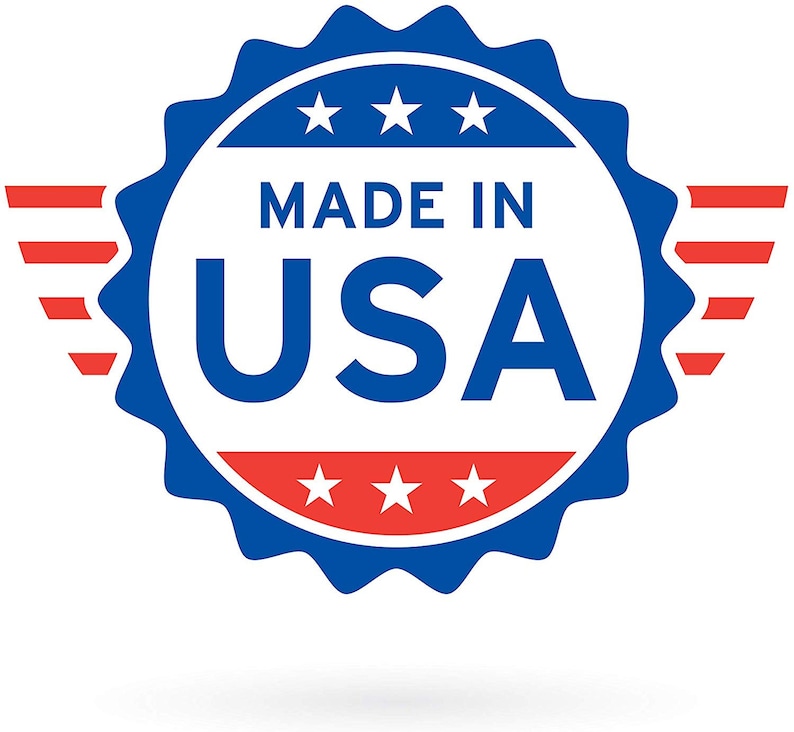 May include: A circular emblem with a blue border and the text "MADE IN USA" in bold blue letters. The emblem features red and white stripes and stars, symbolizing the American flag.