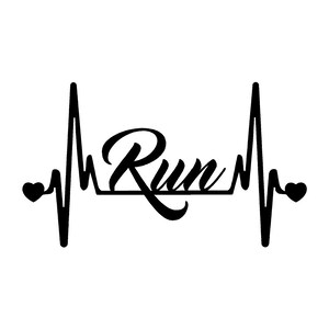 May include: Black and white graphic design of a heartbeat with the word "Run" in a stylized font.