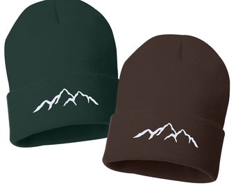 MOUNTAINS Embroidered Cuffed Beanie Hat, Embroidered Gift, Winter Hat Unisex, Cuffed Beanie, Gift, Beanie