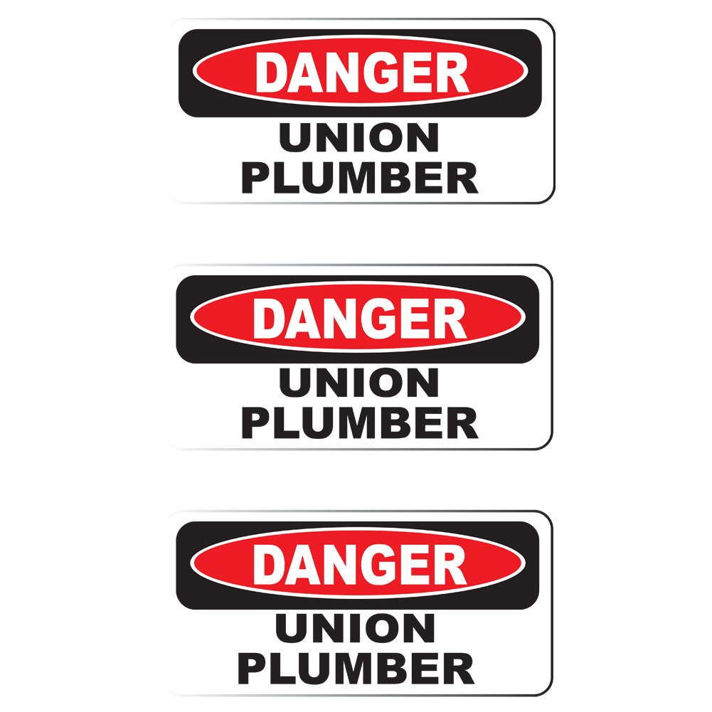 Danger Union Plumber (3Pack) 2" x 1" White/Black/Red Full Color Printed Vinyl Decal Hard Hat Helmet Window Sticker