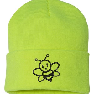 Cute Bumble Bee Embroidered Cuffed Beanie Hat, Embroidered Gift, Winter Hat Unisex, Cuffed Beanie, Gift, Beanie