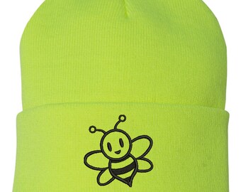Cute Bumble Bee Embroidered Cuffed Beanie Hat, Embroidered Gift, Winter Hat Unisex, Cuffed Beanie, Gift, Beanie